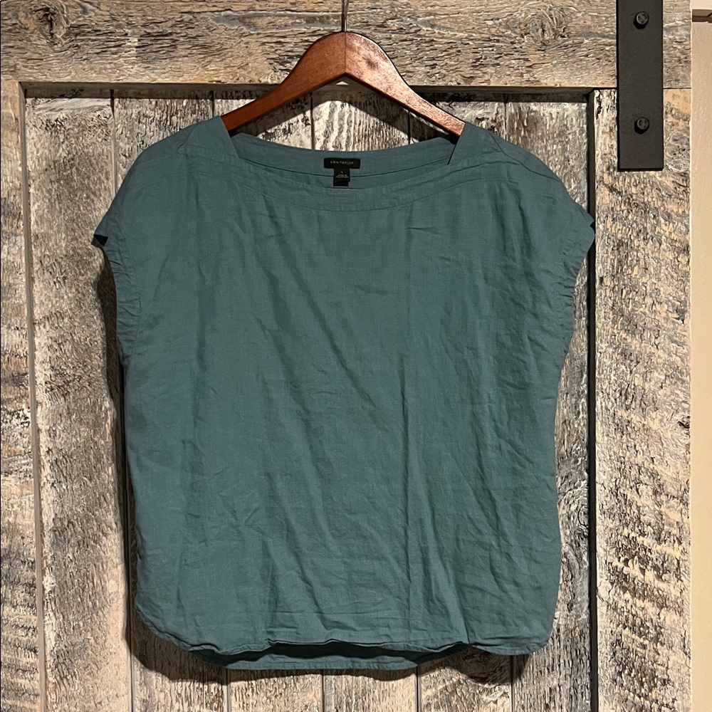 Ann Taylor Slate Blue Cap-Sleeve Linen Boatneck Top